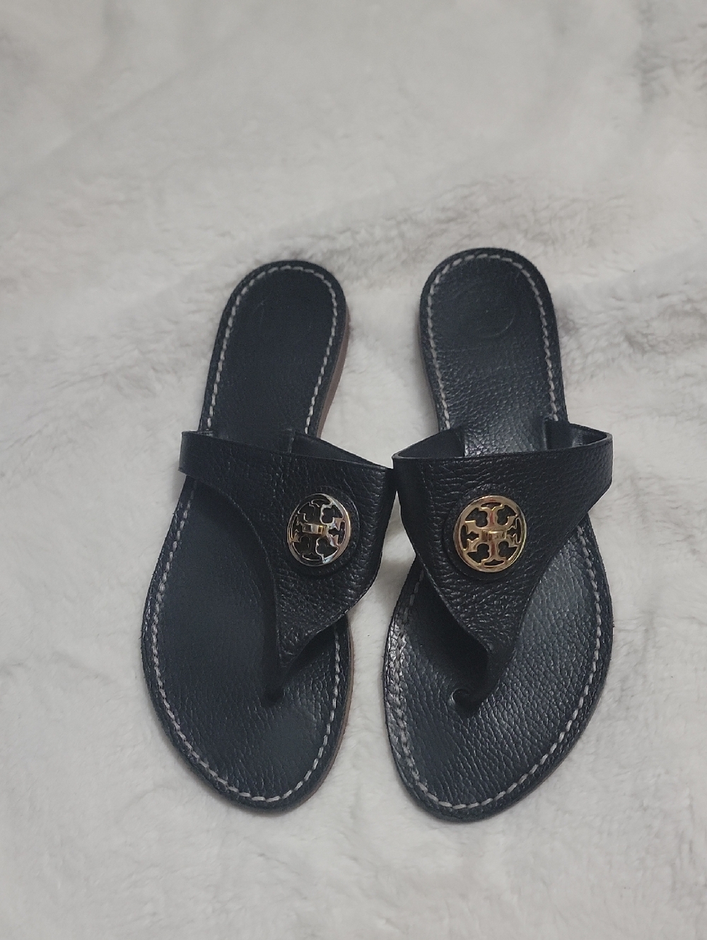 Tory Burch Black Leather Thong Sandals with Gold Logo Medallions